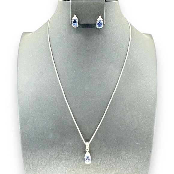 Jewelry - Sterling Silver Blue Cubic Zirconia Necklace and Earrings